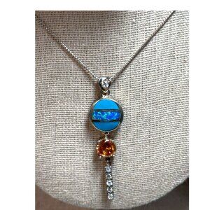 Sterling Silver 925 Pendant Necklace W/ Turquoise & Citrine Opal Gemstones  18"